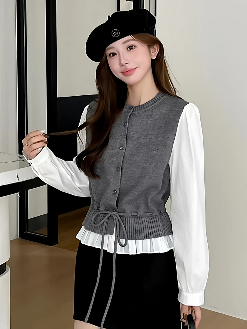 韩版温柔风绑带针织拼接假两件衬衫女2025年秋季收腰显瘦减龄上衣