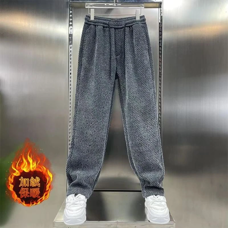 殿若潮牌提花针织雪尼尔加厚休闲裤男士秋冬新款宽松时尚直筒裤子