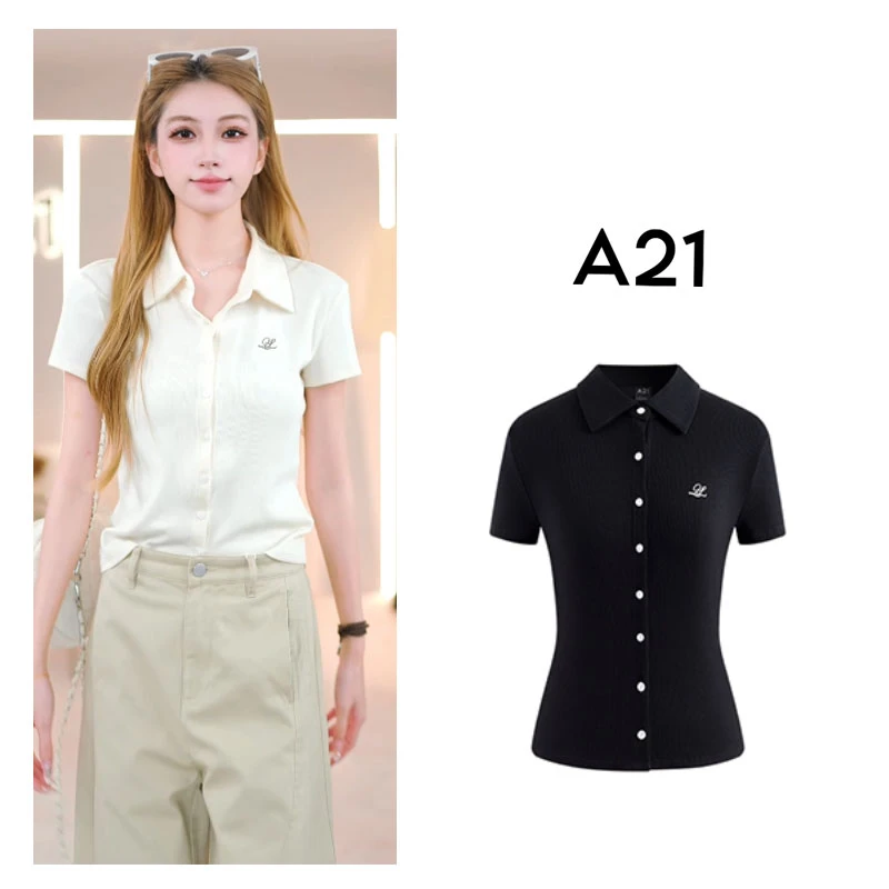 A21女装新款针织修身短袖T恤夏季弹力休闲polo领上衣F452231022-2