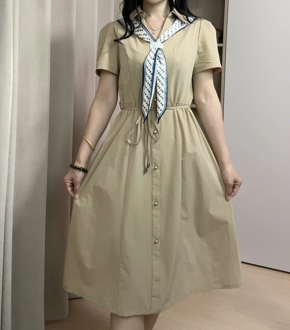 卡其色衬衫连衣裙夏季宽松收腰显瘦气质长款裙子轻奢百搭学院风