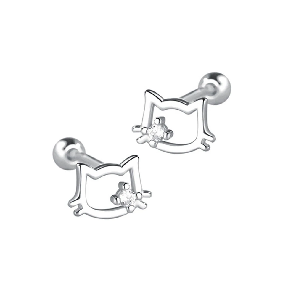 足银耳饰 E0020 s999纯银可爱猫咪螺丝耳钉少女养耳洞耳环耳骨钉