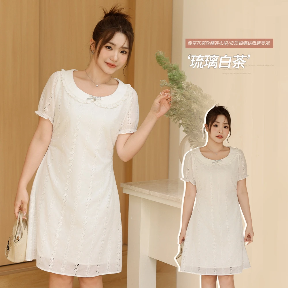蝴蝶花边娃娃领收腰提花连衣裙胖mm大码女装设计感显瘦裙子新款