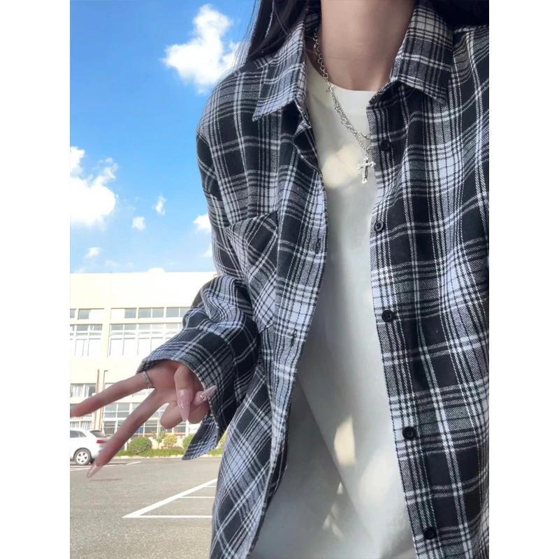 美式复古黑白格子衬衫男秋季宽松长袖衬衣高级感痞帅翻领磨毛外套