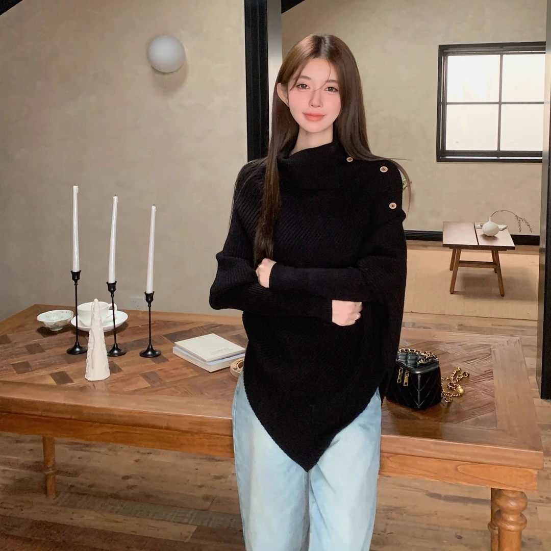 【黑色慵懒】松弛显瘦气质纸片人蝙蝠袖秋冬新款半高领宽松针织衫女