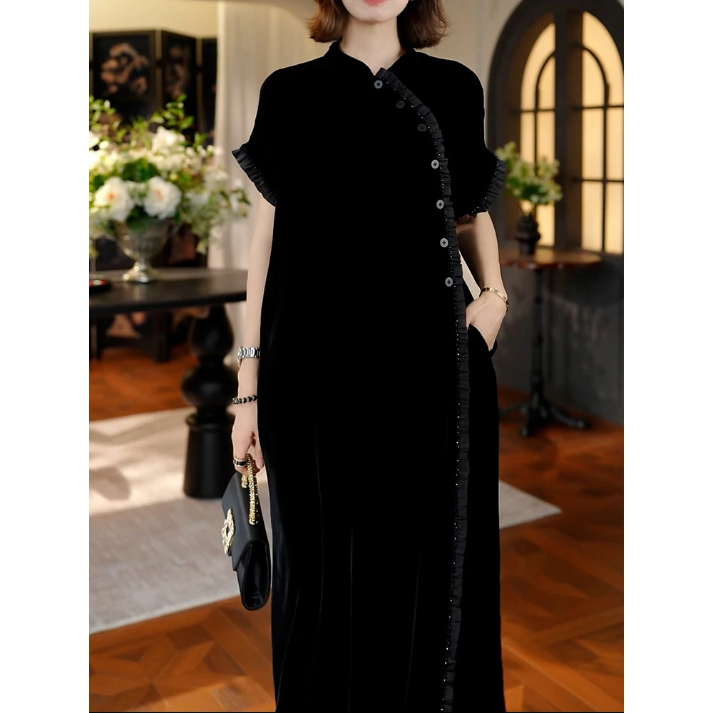 高级感轻奢时尚短袖金丝绒连衣裙2025夏季新款端庄优雅小香风长裙