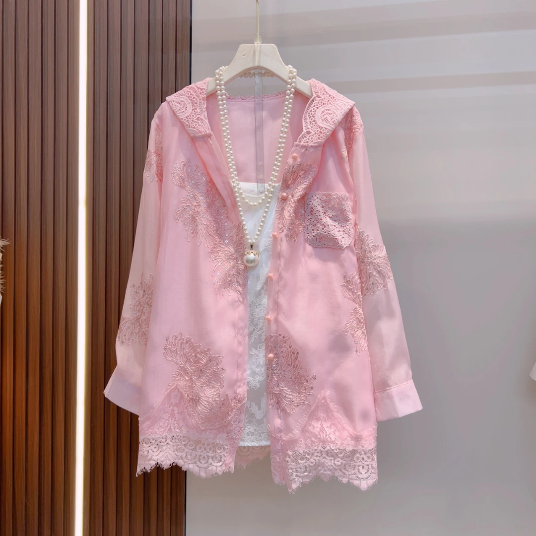 长袖中长款绣花外搭服连帽衬衫国风宽松蕾丝遮肉雪纺衫8317