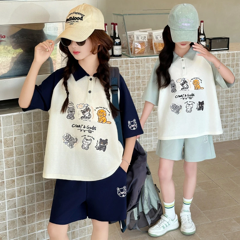 女童夏套装2025新款儿童夏季洋气休闲短袖polo衫大童运动短裤夏装