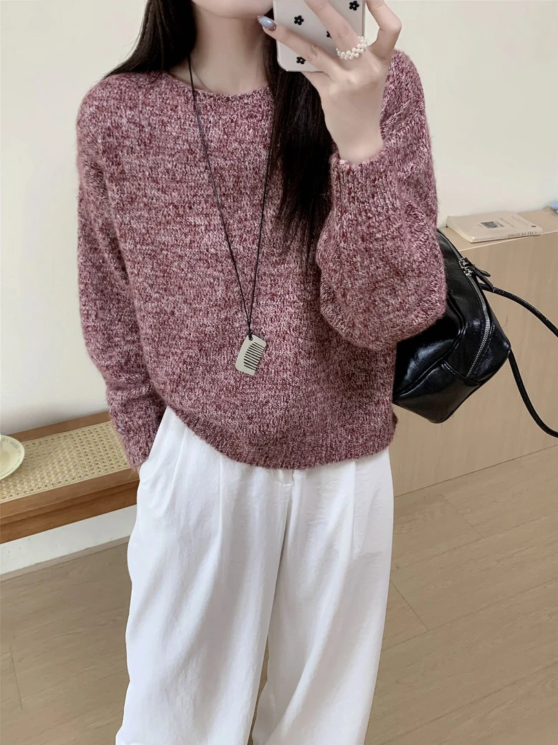 圆领外穿多彩拉毛氛围感毛衣秋冬毛针织衫加厚慵懒风套头长袖百搭