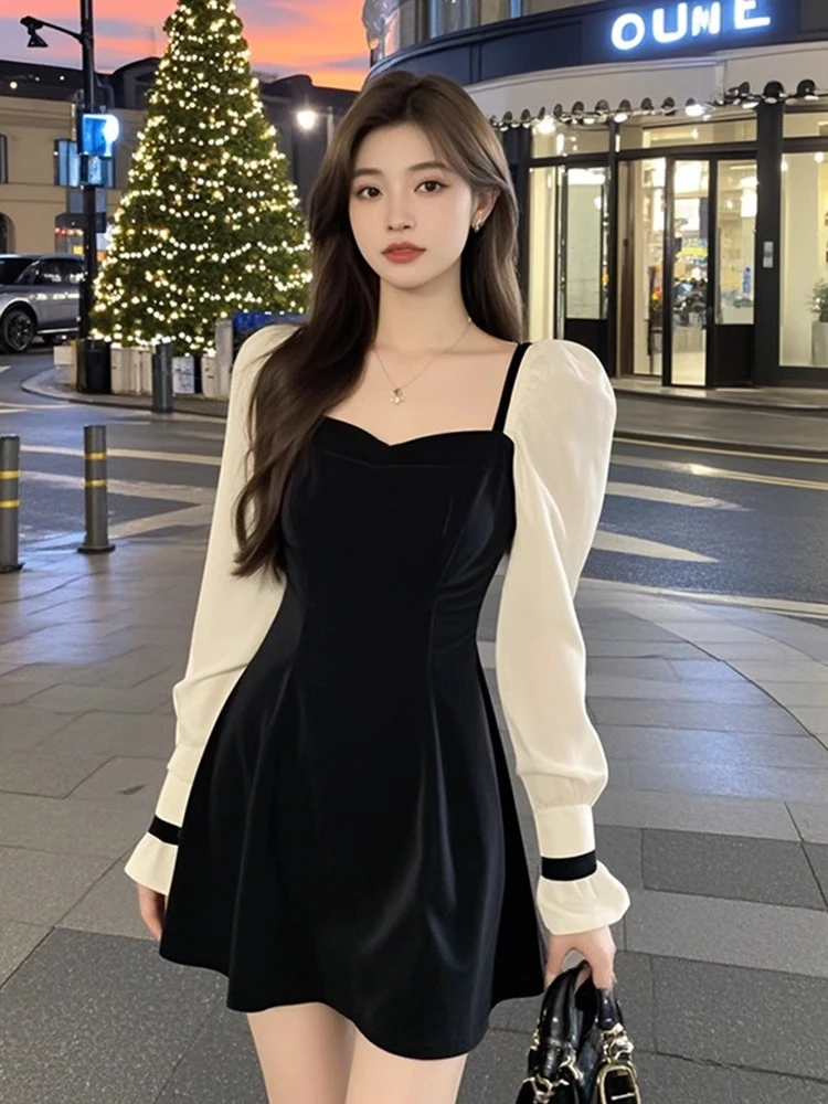 【KEKE】法式温柔风撞色方领长袖连衣裙女秋冬新款甜美减龄小众短裙