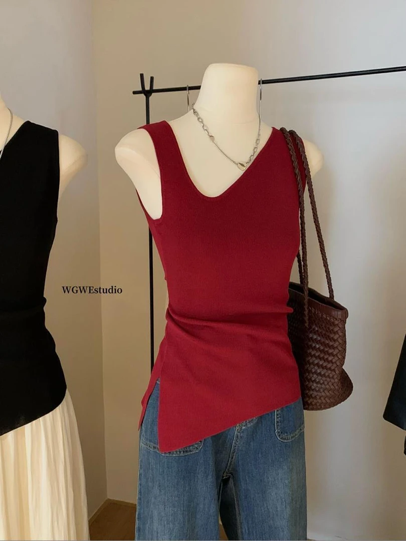 韩系美式高街复古甜辣坎肩无袖T恤女夏季新款修身掐腰设计感上衣