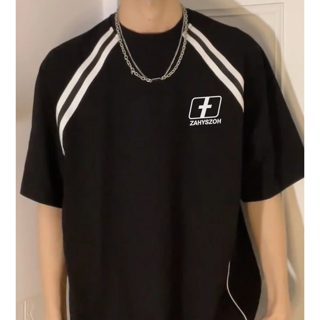 美式ins潮牌个性印花设计感拼接短袖T恤男女春款打底内搭纯棉上衣