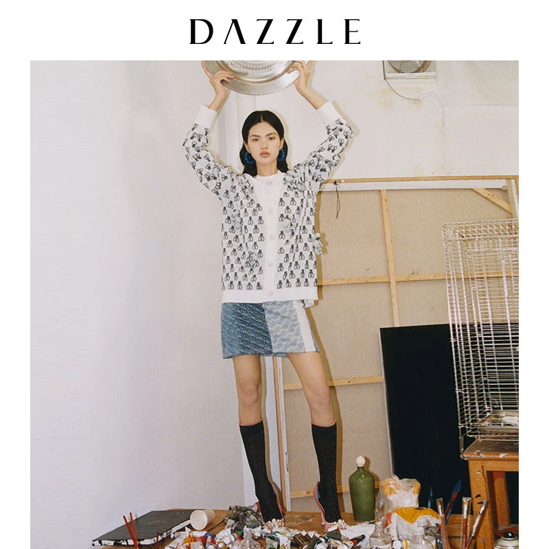 【精选】DAZZLE地素 秋新老花LOGO撞色A字牛仔半身裙女2D3RI03