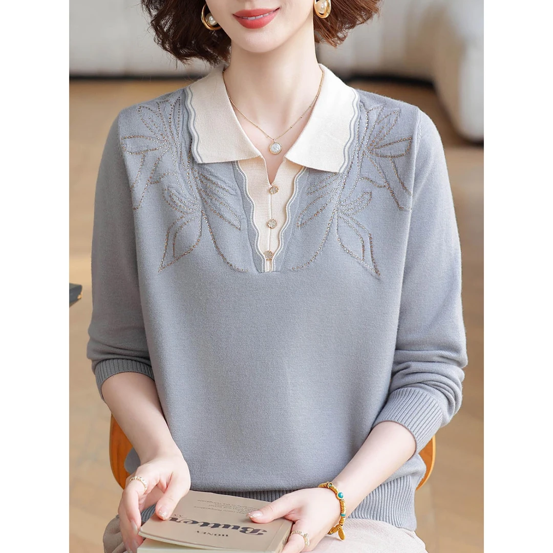 潮走早秋中老年人女装针织上衣宽松打底衫妈妈装春夏新款翻领长袖