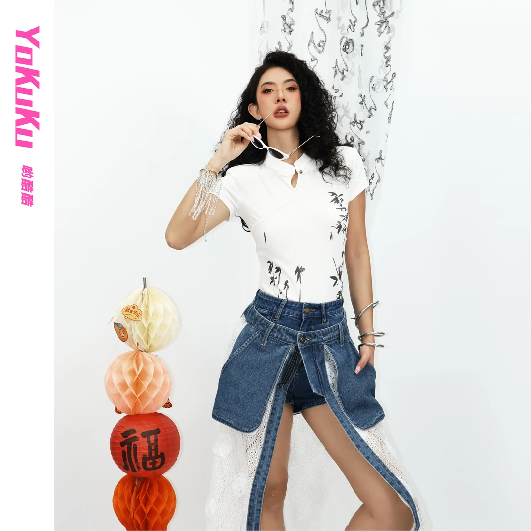 哟酷酷（功夫熊猫）国风女古国潮水墨植动物修身显瘦立领短袖T恤