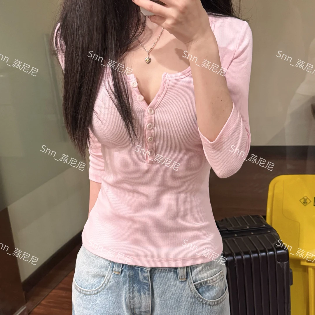 经典版型 | 超高含棉量多扣竖条纹针织可防晒显瘦T恤上衣53241
