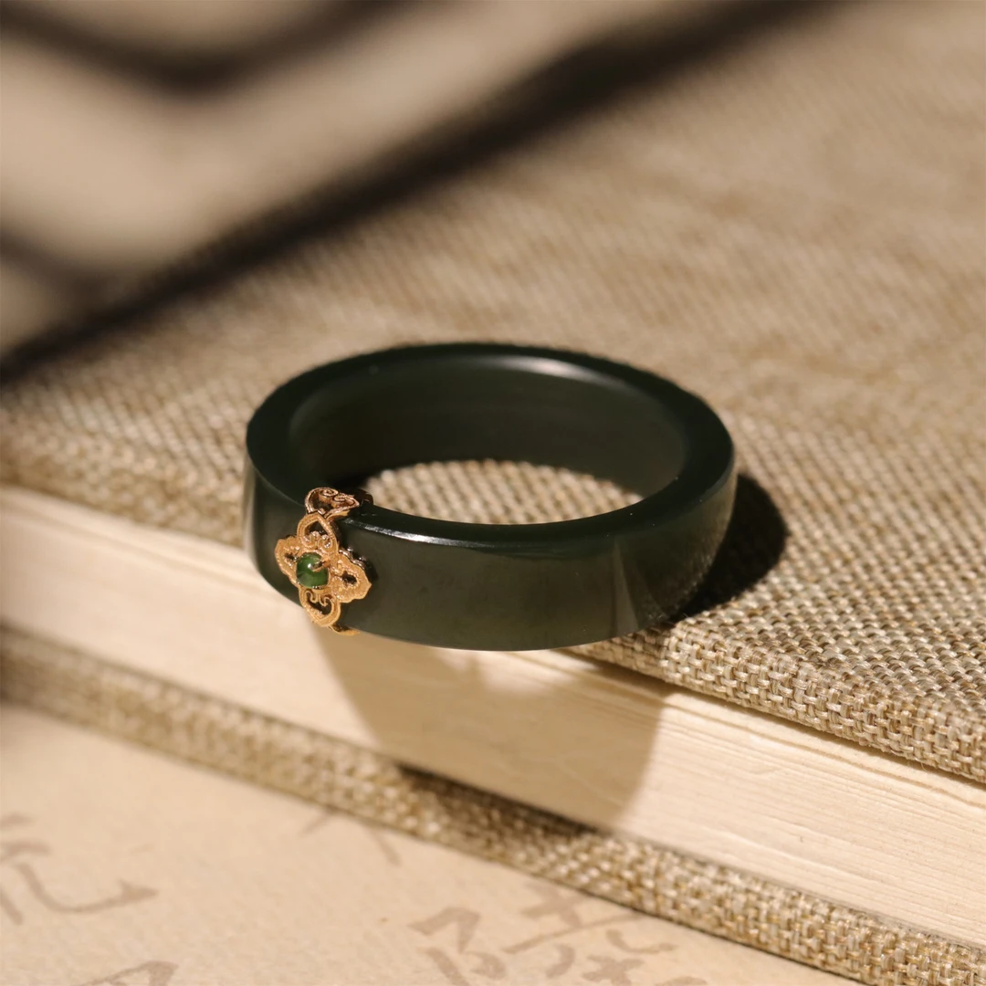 【泓贝珠宝-I092】18k金镶嵌和田玉复古气质戒圈