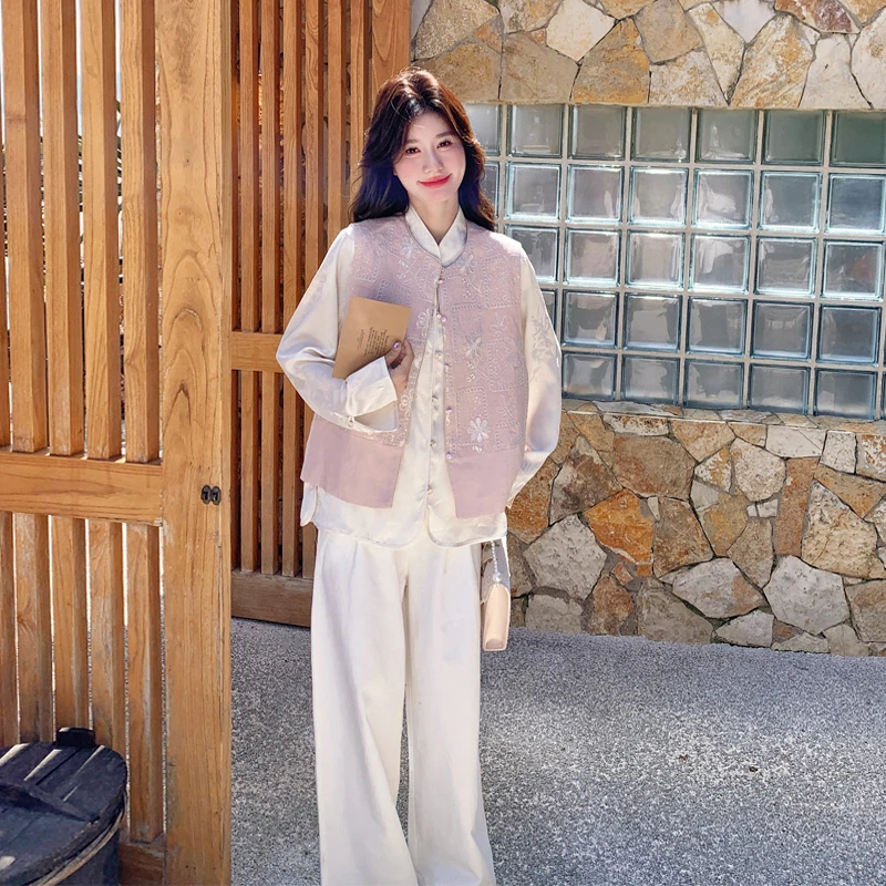 新中式套装裤女2025春夏新款气质百搭暗纹提花国风盘扣门襟三件套