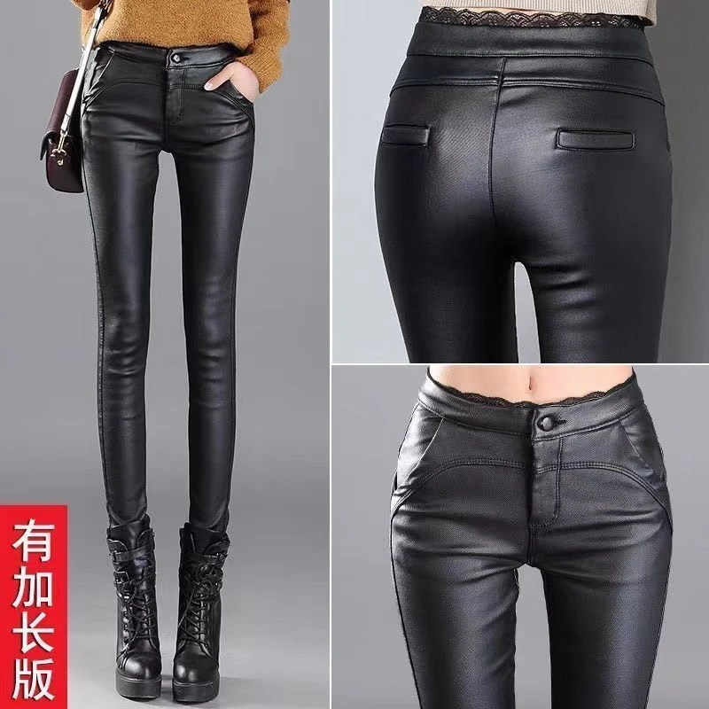 韩版哑光高腰黑色皮裤女2025秋冬加绒加长紧身加厚涂层外穿打底裤