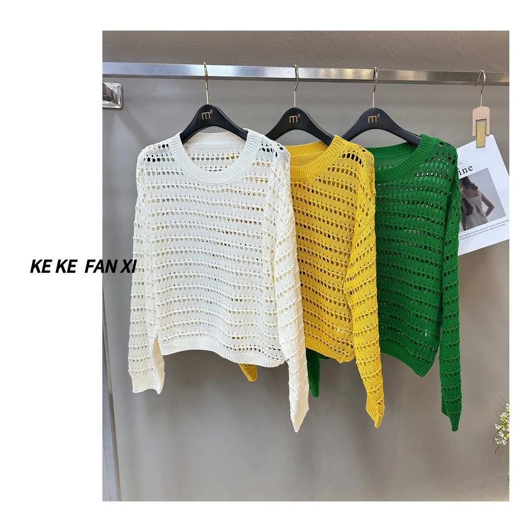 99087镂空长袖上衣时尚百搭宽松圆领套头网红春季