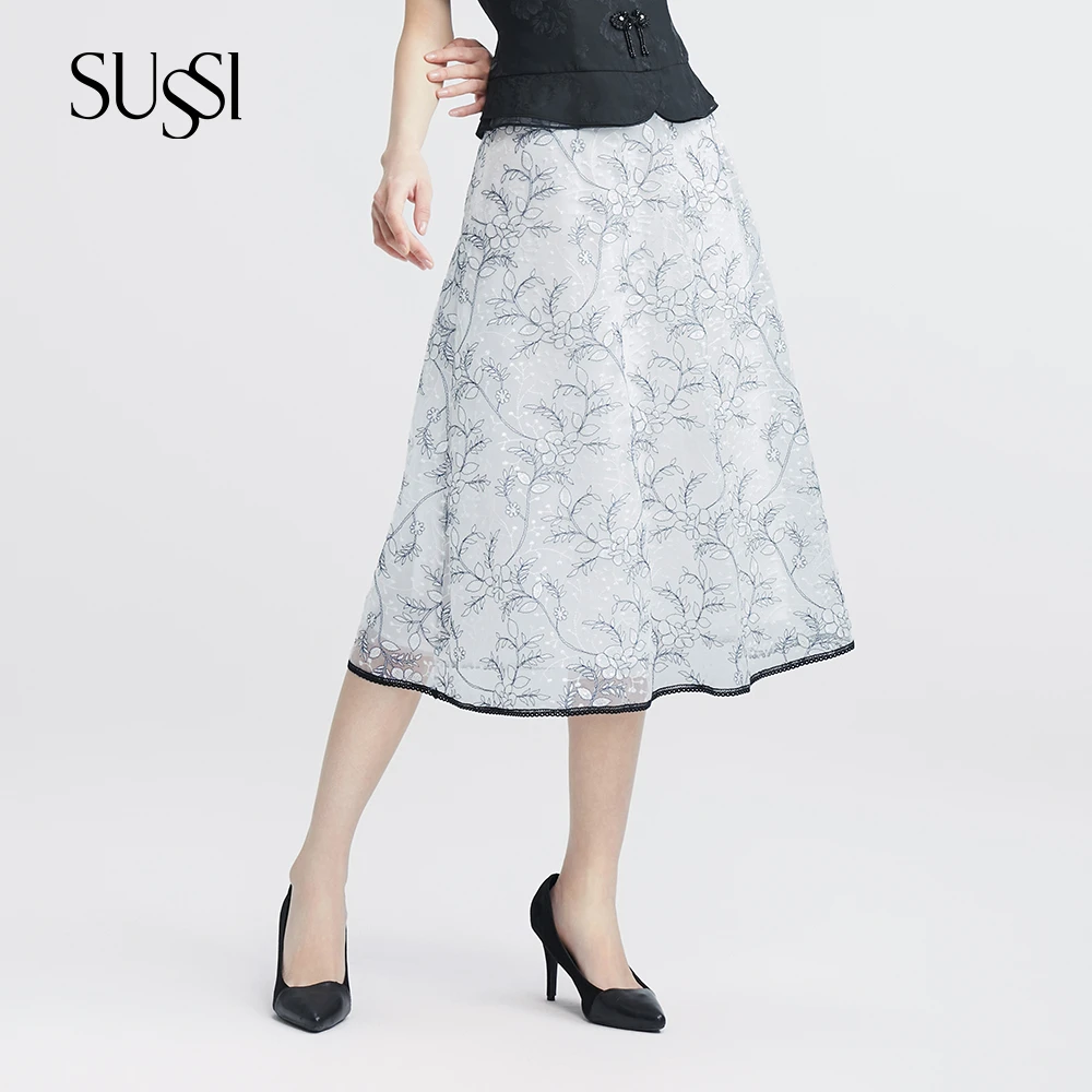 SUSSI/古色25夏商场同款月光白百搭款优雅通勤刺绣半身裙女装