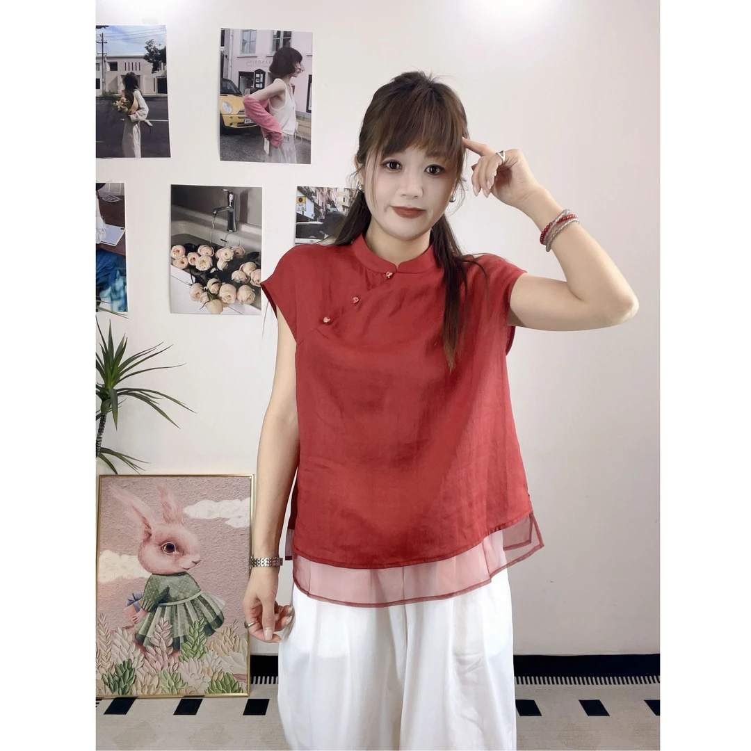 月光流影 夏季新中式纯色洋气拼接短袖衬衫宽松休闲艺术复古风