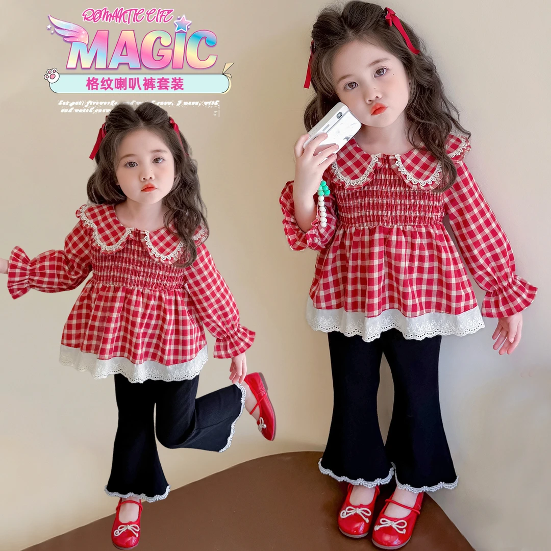 女童套装洋气甜美儿童娃娃衫喇叭裤两件套女孩宝宝春秋装2025新款
