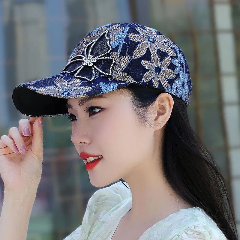 鸭舌帽韩版春夏季遮阳帽子女士时尚蕾丝水钻棒球帽百搭户外太阳帽