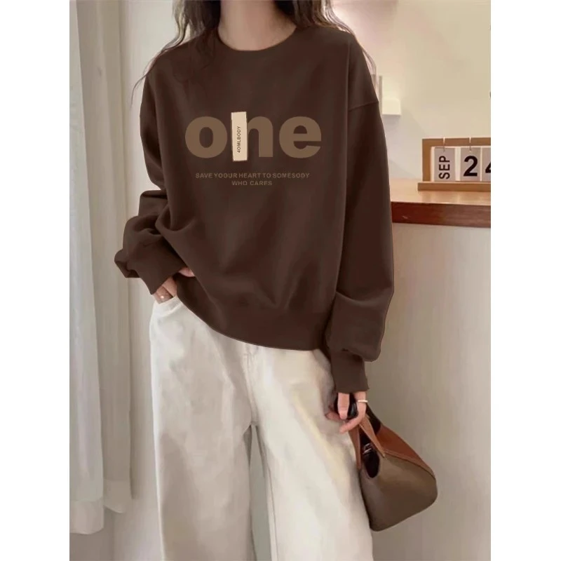 无帽套头圆领加绒加厚款卫衣女2026新款宽松韩版咖色上衣秋冬季