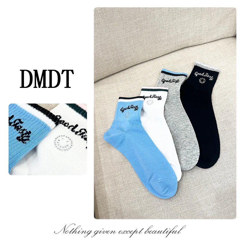 【DMDT潮牌】2025春季新品四色一组“笑脸”重工烫钻百搭休闲袜子5232