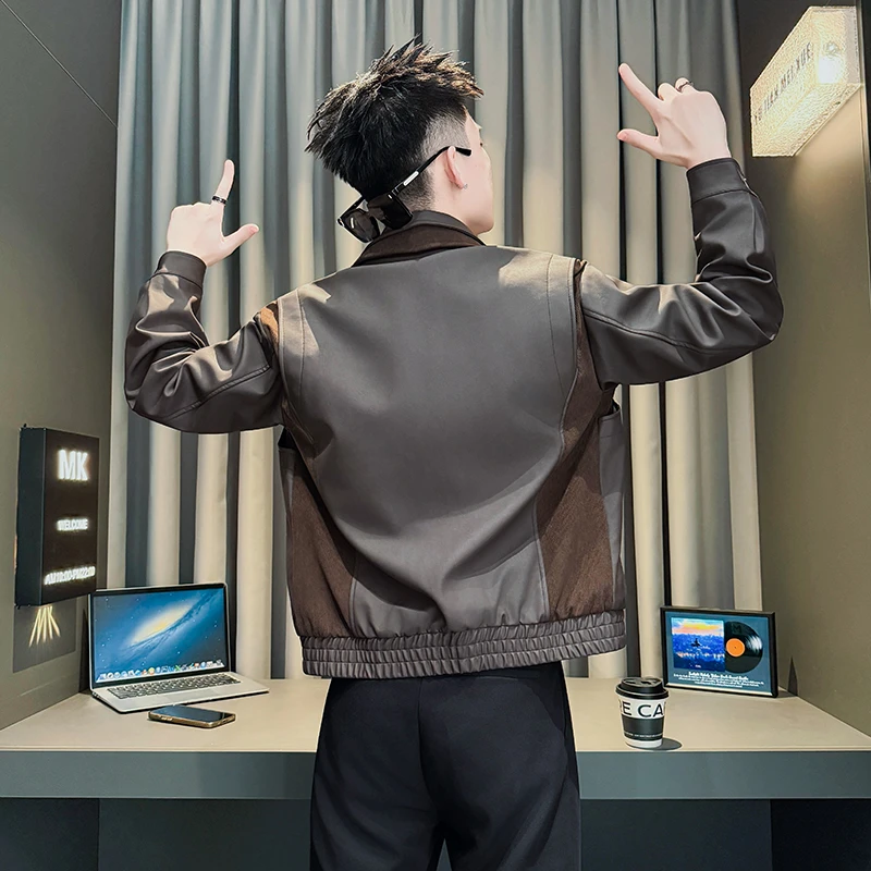 设计感男士假两件皮夹克外套痞帅机车服PU皮褂子秋冬新款休闲上衣