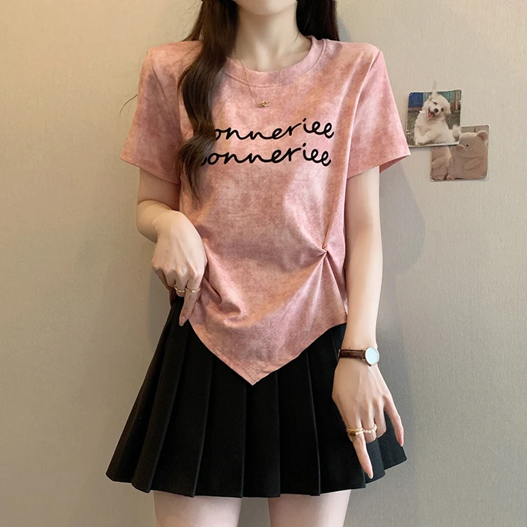 夏季大码女装遮肚子显瘦上衣设计感不规则字母扎染正肩短袖t恤女