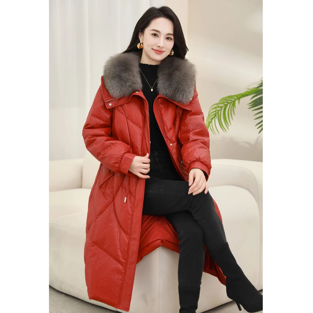 【慧慧】海宁皮羽绒冬季女士大狐狸毛领收腰长款休闲皮鹅绒服8009