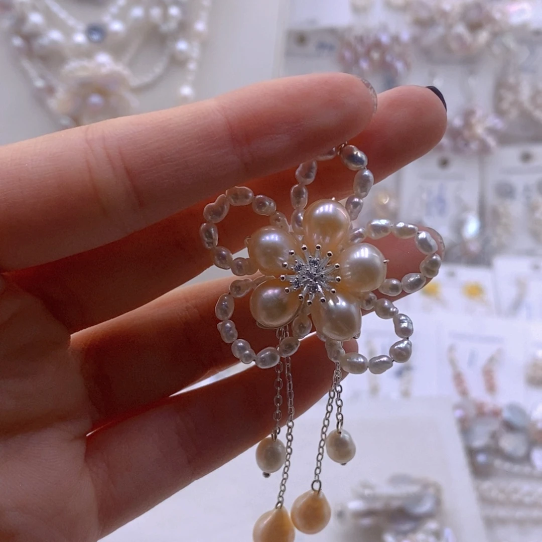 银S925镶嵌淡水珍珠耳饰吊坠