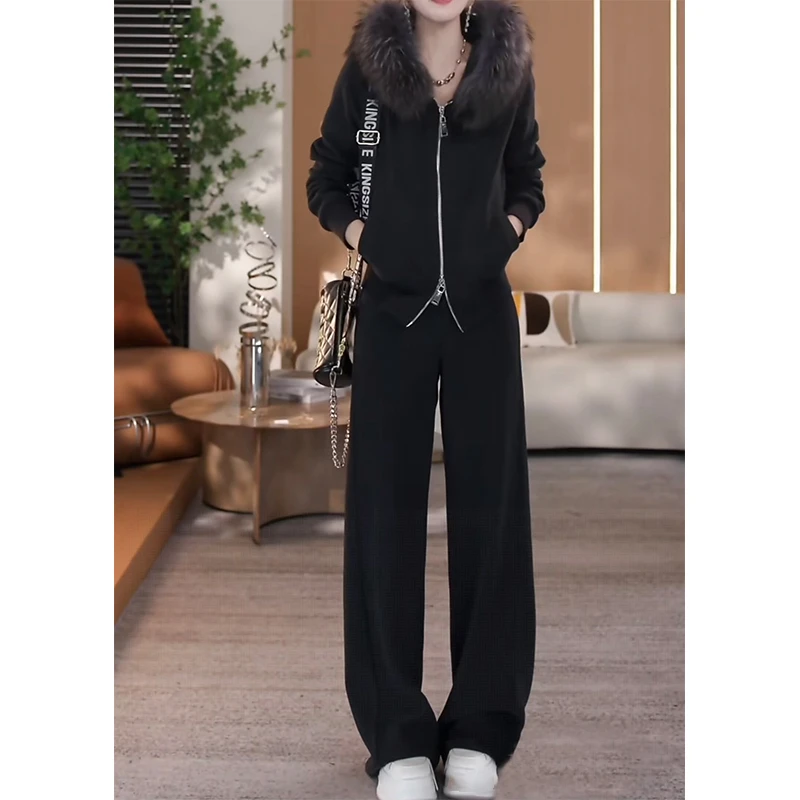 2025冬装流行一整套毛绒毛领条纹卫衣外套显瘦休闲裤加绒两件套女