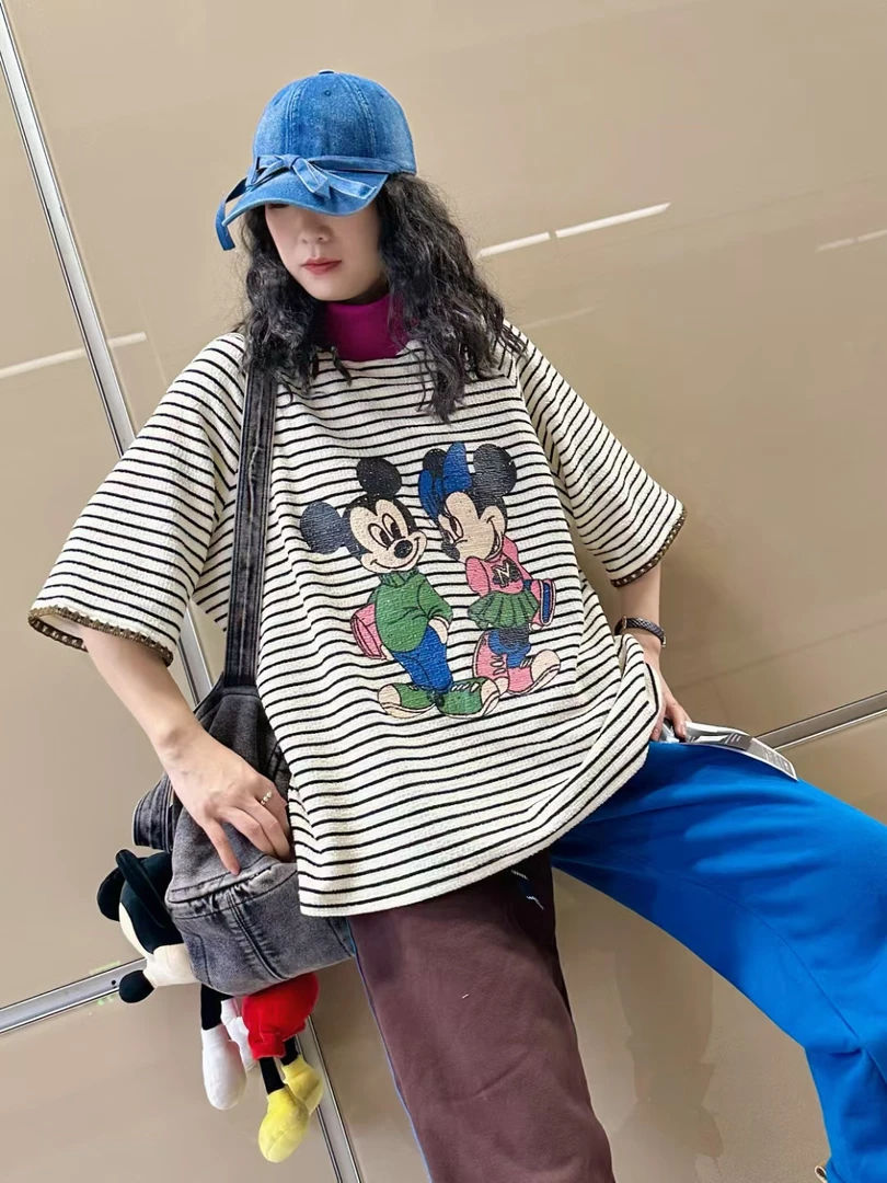 潮牌卡通米奇条纹高领个性洋气休闲T恤5780