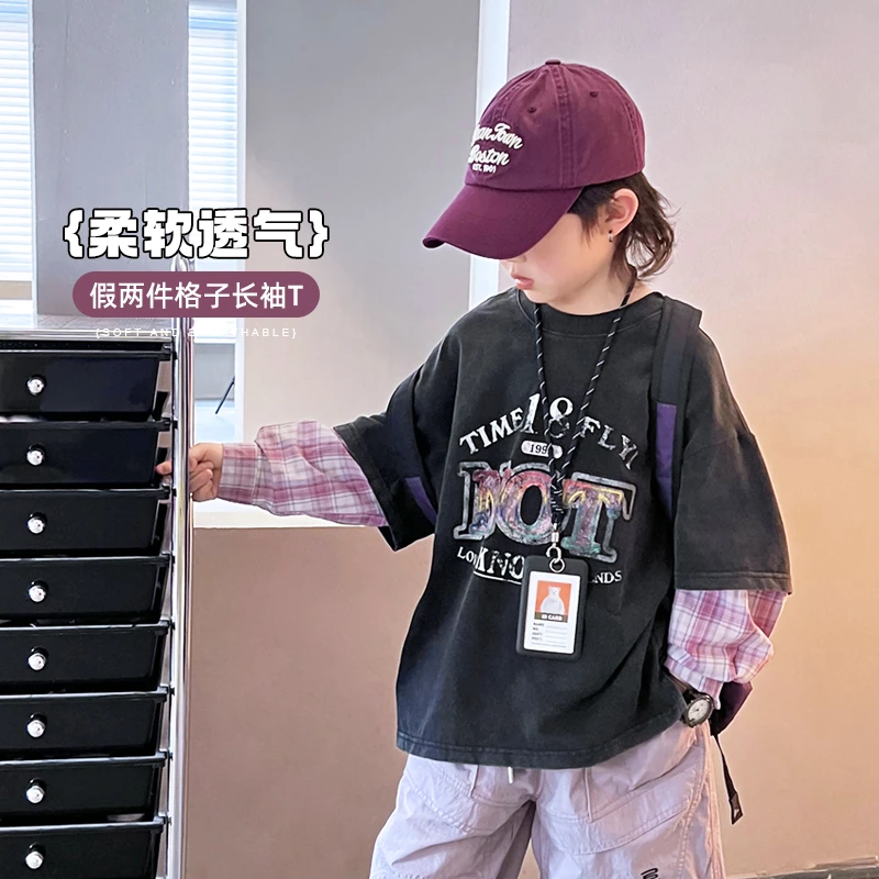 长袖假两件T恤儿童美式做旧运动风男孩洋气打底衫圆领 5028233O3