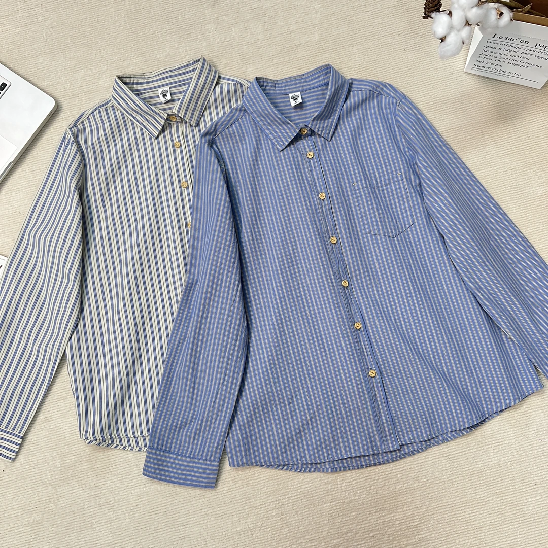 条纹款全棉衬衫女百搭休闲显瘦简约纯棉时尚韩版翻领衬衣女