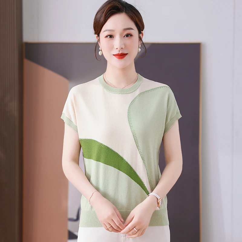 妈妈装夏款冰丝针织上衣2025新款中老年女夏装短袖T恤阔太太小衫