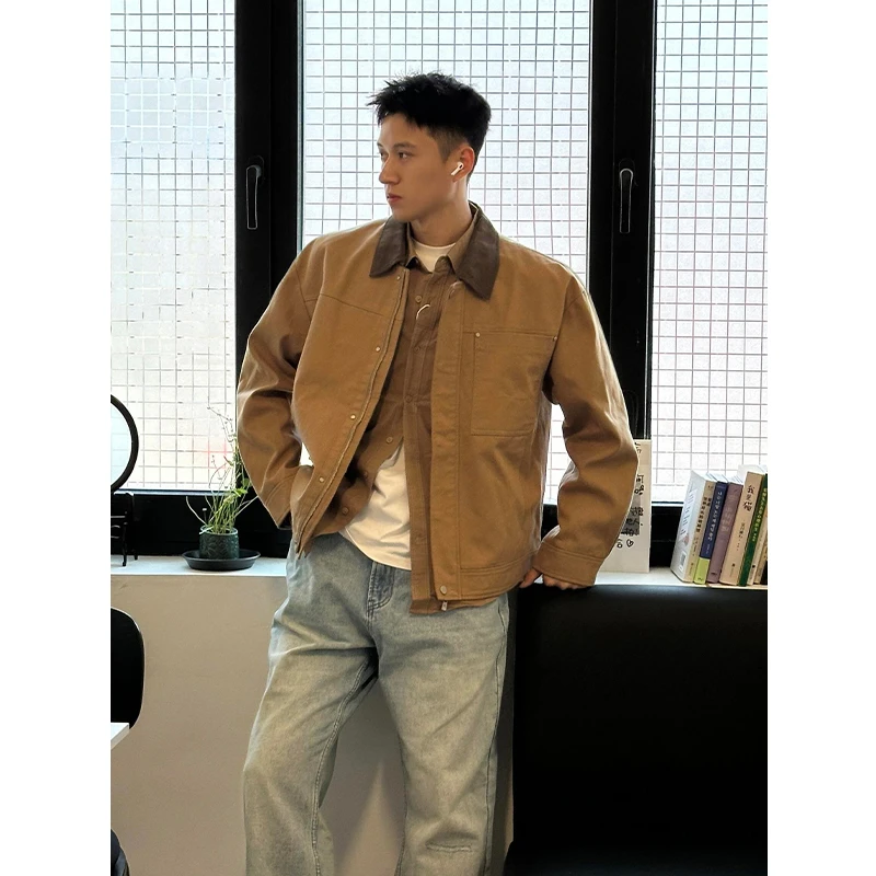 卡其色拼接翻领外套男早秋穿搭美式cleanfit工装短款上衣正肩夹克