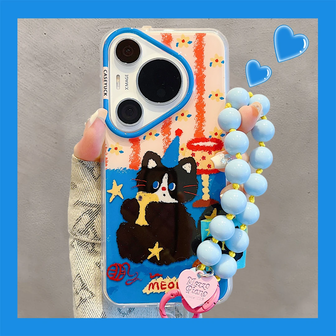 适用华为pura70pro+手机壳可爱波点卡通黑猫木马插画pura80pro女