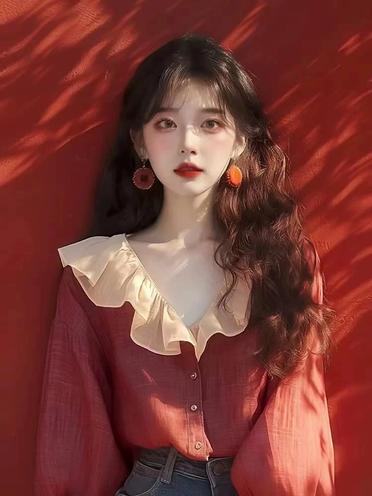 长袖衬衫女春季2025新款荷叶边v领高级感法式气质上衣7785