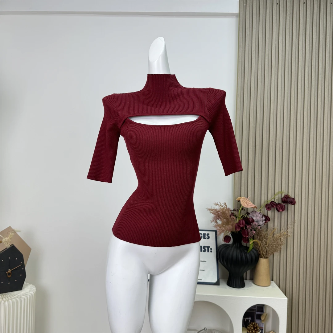 轻奢超火性感镂空显胸中袖针织衫女紧身弹力内搭外穿立领气质上衣