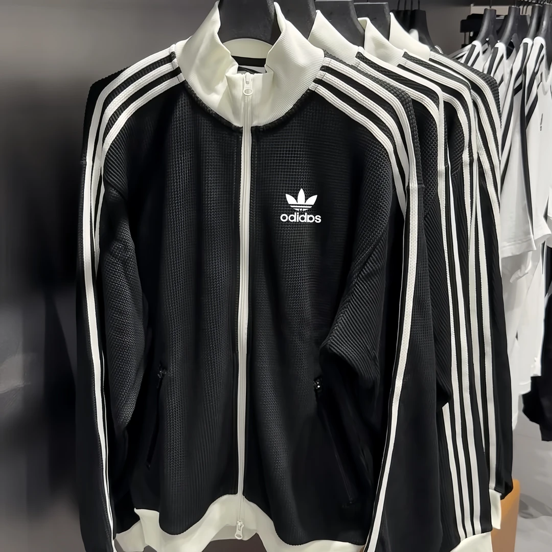 三叶草立领外套秋季刺绣新款华夫格条纹复古运动经典男女夹克休闲