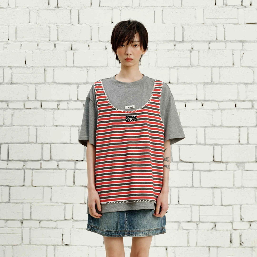 YANAG原创设计条纹背心假两件T恤撞色圆领宽松潮流高级感短袖上衣