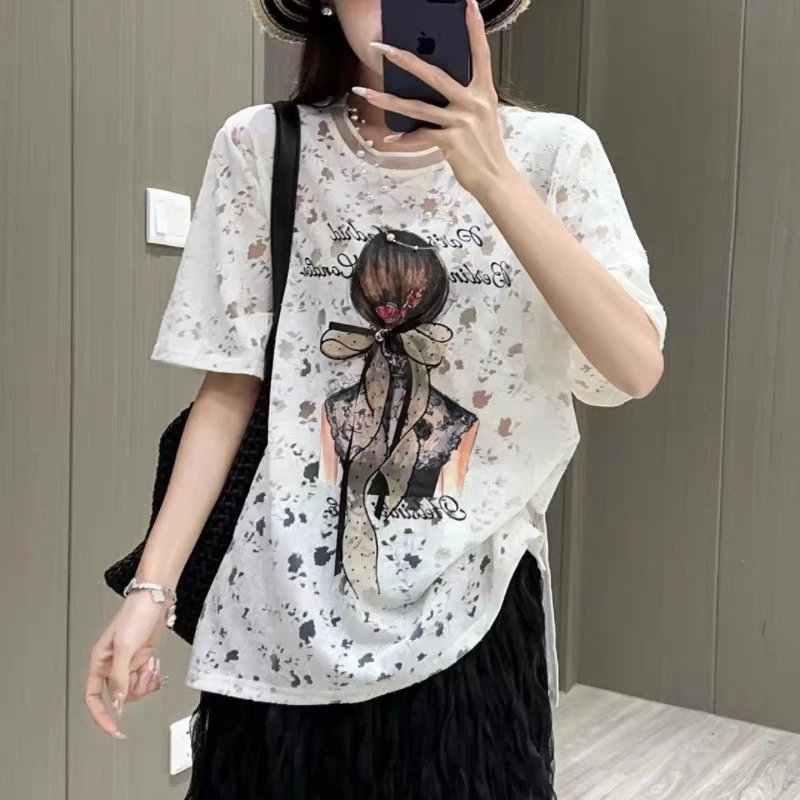 【芸尚】蕾丝T-印花圆领夏季常规款休闲韩版宽松重工T恤