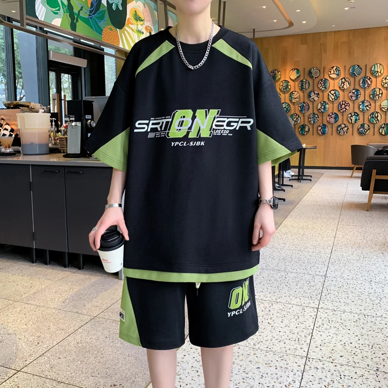 夏季休闲宽松大码五分袖运动套装青少年个性时尚短袖短裤两件套