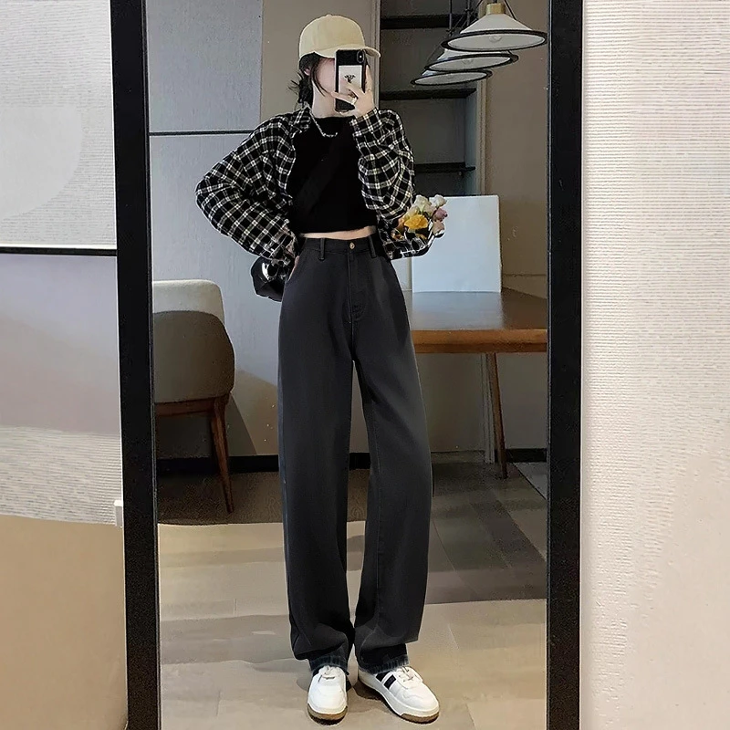 (牛蓝)300斤特大码女装胖mm长裤春秋新款高腰阔腿裤大码牛仔裤
