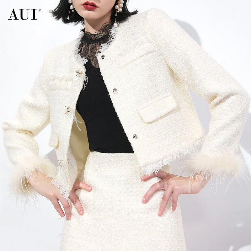 【李易行】AUI杏色名媛小香风套装外套半身裙两件套-23D023375