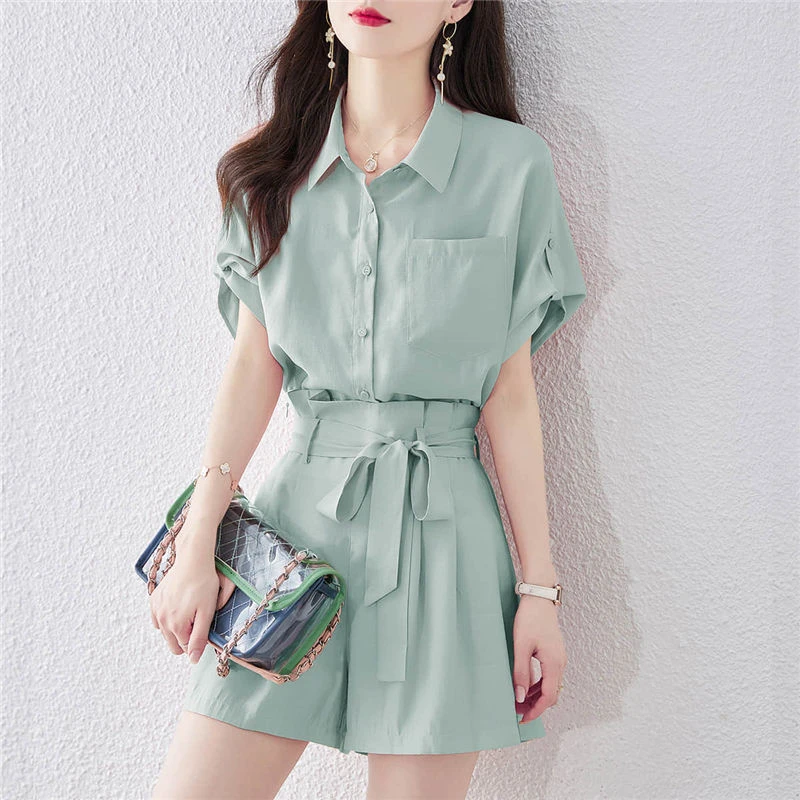 LS两件套短袖衬衫阔腿短裤套装一整套宽松休闲减龄洋