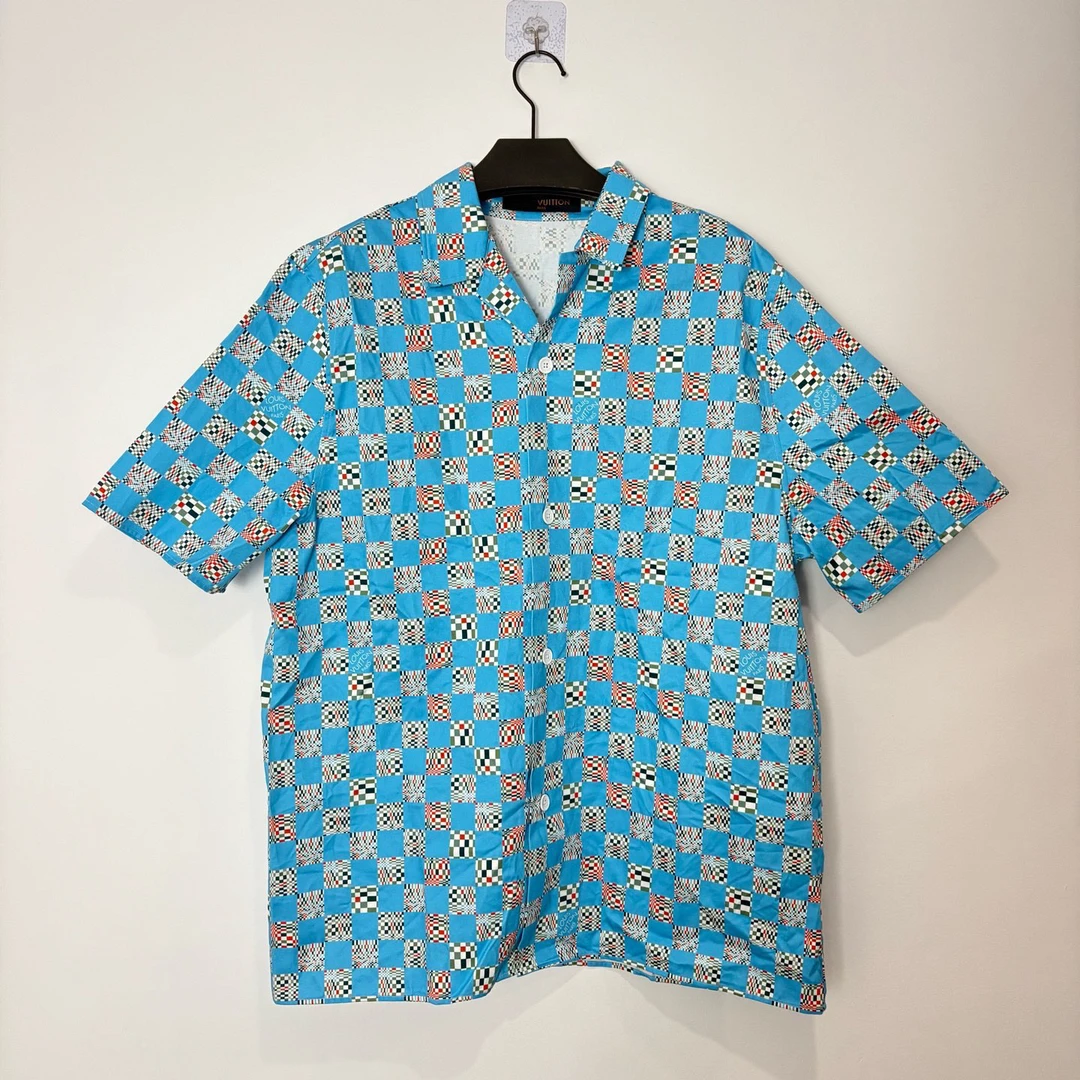 未使用 LouisVuitton/路易威登 （vd）蓝色棋盘格衬衫 m码 0257